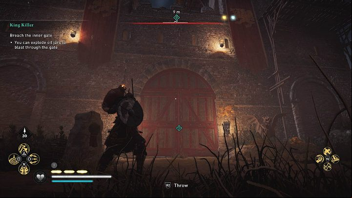 Place a jug of oil under the inner gate and blow it up or throw it directly into the obstacle to make a age for your troops - Assassins Creed Valhalla: King Killer - Sciropescire - Assassins Creed Valhalla Guide and Walkthrough