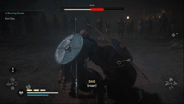 The stun opens the possibility of a very powerful attack, which will deplete about 1/5th of Dag's health bar - Assassins Creed Valhalla: A Brewing Storm - Ravensthorpe - Assassins Creed Valhalla Guide and Walkthrough