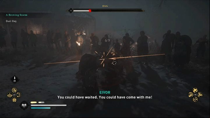 Dag's special attacks are indicated by a yellow flash of runes and can be blocked or parried without any damage - Assassins Creed Valhalla: A Brewing Storm - Ravensthorpe - Assassins Creed Valhalla Guide and Walkthrough