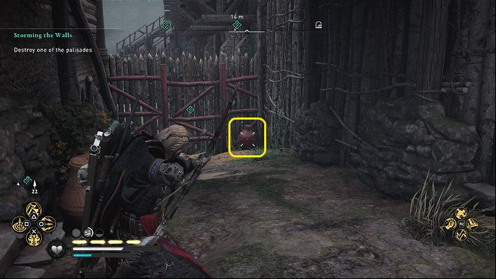 After entering the fortress, turn left, eliminate a few guards and shoot an oil jug to destroy the palisade - Assassins Creed Valhalla: Storming the Walls - Southsexe - Assassins Creed Valhalla Guide and Walkthrough