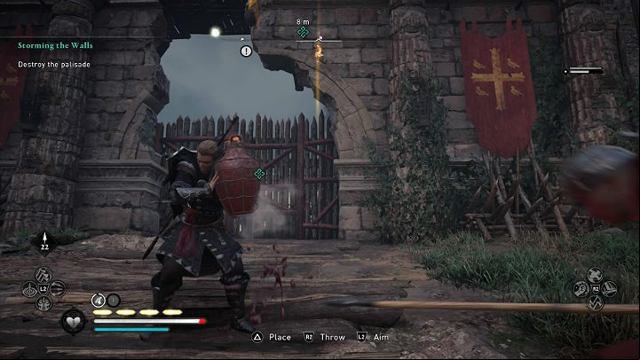 You can use a jug of oil to destroy the wooden palisade - Assassins Creed Valhalla: Storming the Walls - Southsexe - Assassins Creed Valhalla Guide and Walkthrough