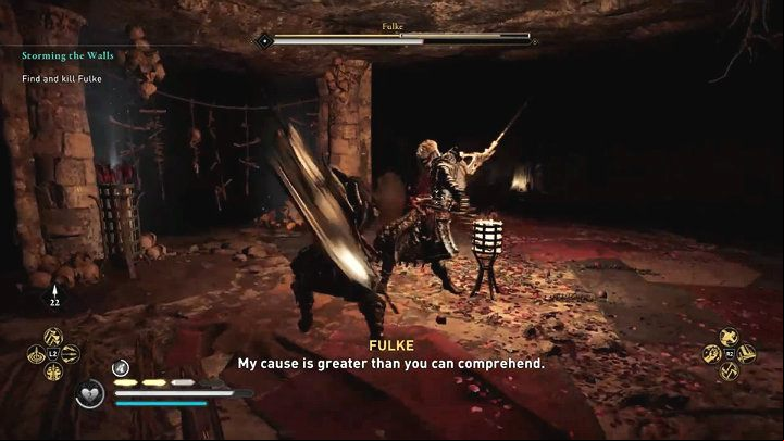 The vast majority of Fulke's special attacks are indicated by a yellow flash – you can parry or block them to knock the opponent out of balance and do some stun damage - Assassins Creed Valhalla: Storming the Walls - Southsexe - Assassins Creed Valhalla Guide and Walkthrough
