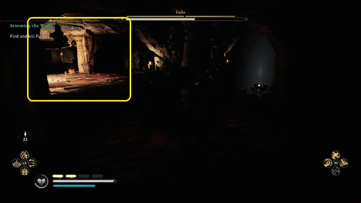 As soon as Fulke extinguishes the bonfire in the middle of the arena, move immediately to the next illuminated area - Assassins Creed Valhalla: Storming the Walls - Southsexe - Assassins Creed Valhalla Guide and Walkthrough