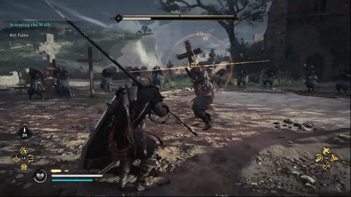 When the fight moves to the square in front of the church, Fulke will fight with a large wooden cross - Assassins Creed Valhalla: Storming the Walls - Southsexe - Assassins Creed Valhalla Guide and Walkthrough