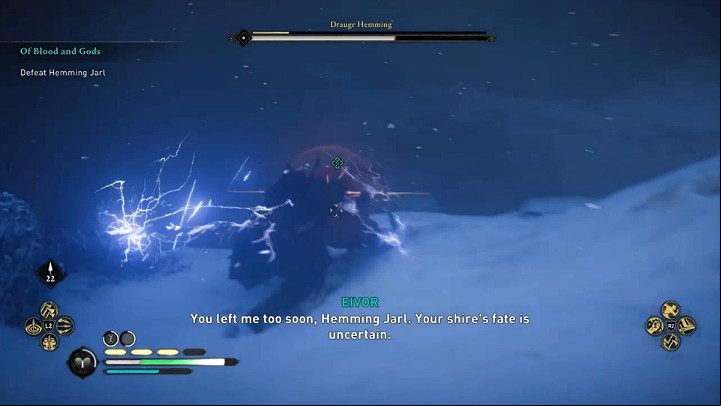 Most of Hemming's special attacks are indicated by a yellow rune flash - they can be blocked or evaporated - Assassins Creed Valhalla: Of Blood and Gods - Snotinghamscire - Assassins Creed Valhalla Guide and Walkthrough