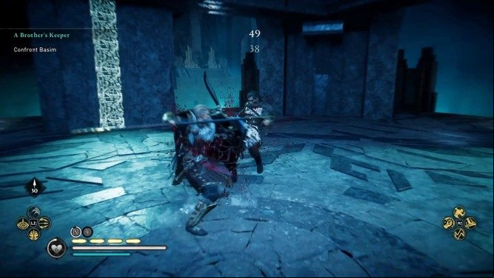 Basim will start the fight by attacking from above and will attempt to jump on Eivor from the upper level of the temple - Assassins Creed Valhalla: A Brothers Keeper - Hordafylke - Assassins Creed Valhalla Guide and Walkthrough