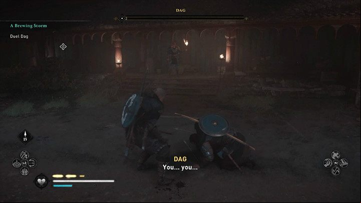 Avoid enemy attacks or block and use every opportunity to counter or keep your opponent at a distance and shoot him with the bow if you prefer this fighting style - Assassins Creed Valhalla: Dag boss fight - how to win? - Bosses - Assassins Creed Valhalla Guide and Walkthrough