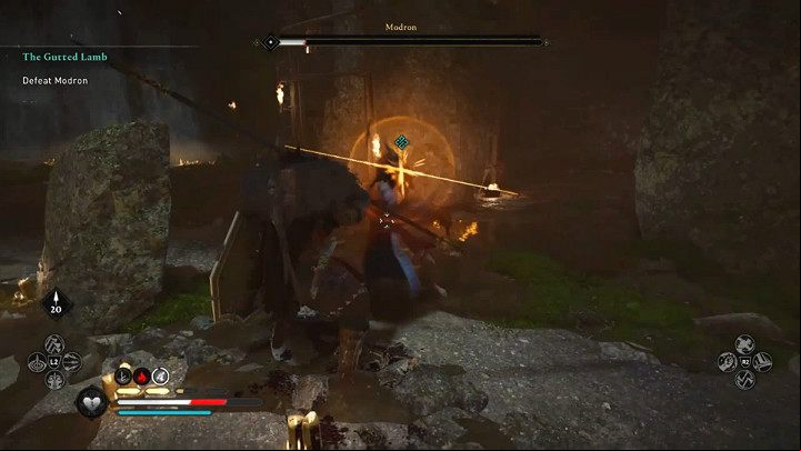 A yellow flash of runes indicates the vast majority of additional Modron's attacks - these can be blocked or warded off - Assassins Creed Valhalla: Modron boss fight - how to win? - Bosses - Assassins Creed Valhalla Guide and Walkthrough