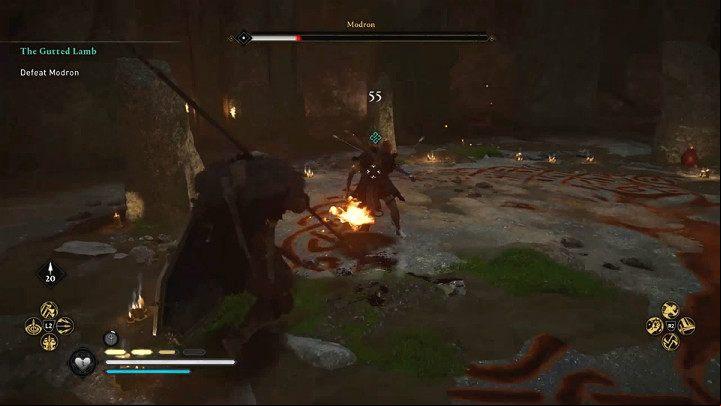 Modron also fights well with traditional spar weapons, and on top of that, she can set it on fire - Assassins Creed Valhalla: Modron boss fight - how to win? - Bosses - Assassins Creed Valhalla Guide and Walkthrough