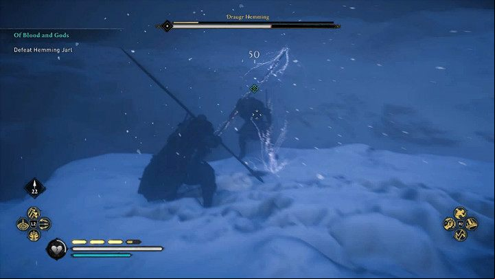 At some point, the opponent will move a little farther and start throwing lightning bolts in your direction - Assassins Creed Valhalla: Draugr Hemming boss fight - how to win? - Bosses - Assassins Creed Valhalla Guide and Walkthrough