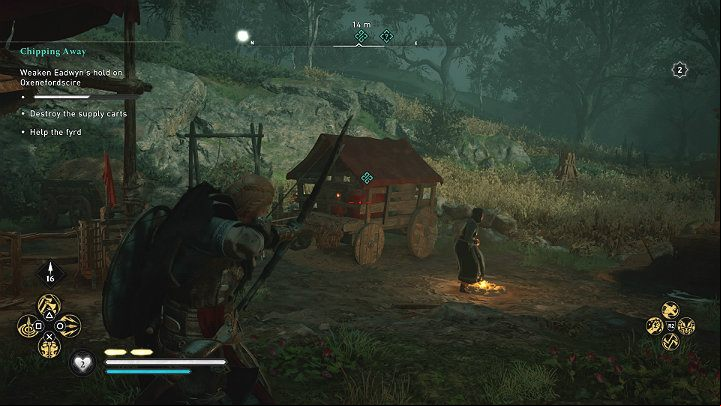After talking to Fulke, get off the cliff and return to Eatun farm to burn the remaining supply carts - Assassins Creed Valhalla: Chipping Away - Oxenefordscire - Assassins Creed Valhalla Guide and Walkthrough