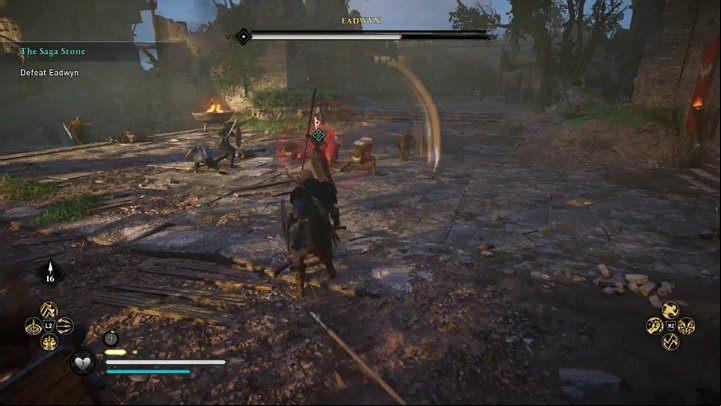 Watch out for the rune's red flash and the powerful overhead strike - this attack can't be blocked, so you have to dodge it - Assassins Creed Valhalla: Eadwyn boss fight - how to win? - Bosses - Assassins Creed Valhalla Guide and Walkthrough
