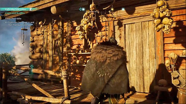 The fifth trace hangs by the closed side door of the cottage (turn the camera towards the hanging skulls) - Soul Skulls - Assassins Creed Valhalla: How to solve The druid riddles? - Campaign - Assassins Creed Valhalla Guide and Walkthrough