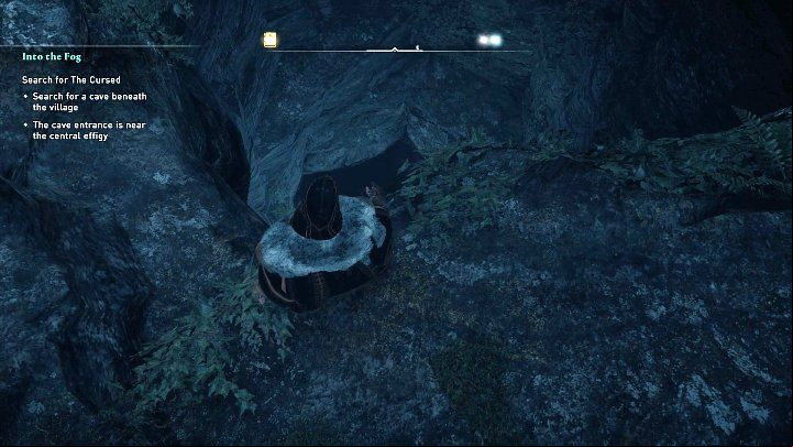 The way to the cavern is marked on the world map with the white stairs icon - jump into the hole in the ground - AC Valhalla Wrath of the Druids: Into the Fog - Walkthrough - Assassins Creed Valhalla Guide and Walkthrough
