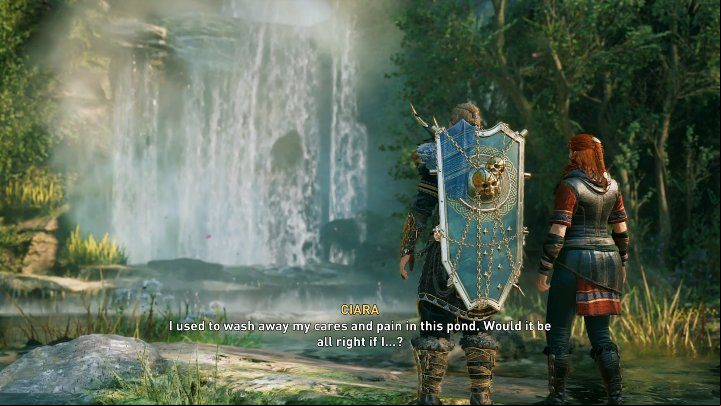 After the battle, confront the Cursed One and then Ciara in front of the waterfall - AC Valhalla Wrath of the Druids: Into the Fog - Walkthrough - Assassins Creed Valhalla Guide and Walkthrough