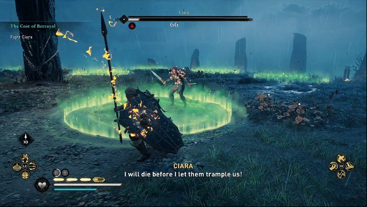 At some point, green circles will start to appear in the arena - when you stand on them, Eivor will take damage - AC Valhalla Wrath of the Druids: How to beat Ciara, final boss? - FAQ - Assassins Creed Valhalla Guide and Walkthrough