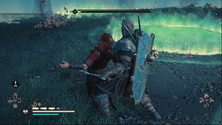 When you deprive Ciara of most of her health, the woman will fall to the ground and you can perform a stun attack to end the fight - AC Valhalla Wrath of the Druids: How to beat Ciara, final boss? - FAQ - Assassins Creed Valhalla Guide and Walkthrough