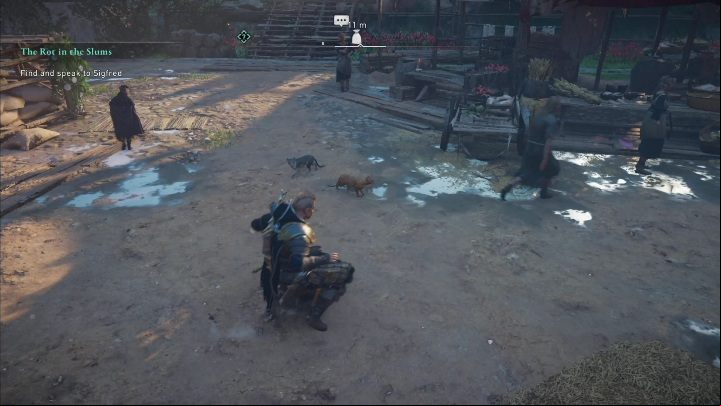 Two cats often sleep by the stalls on the right side of the market (area marked 1 in the screenshot above) - AC Valhalla Siege of Paris: Pat the Cats - how to get the trophy, all cats - Trophy Guide - Assassins Creed Valhalla Guide and Walkthrough