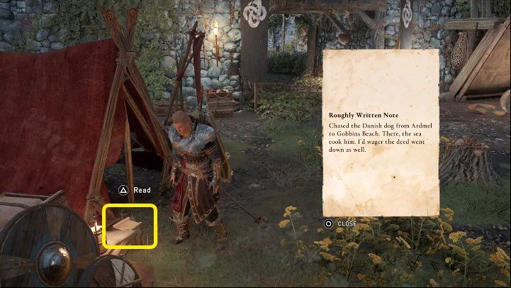 Once you have cleared the trade post, read the note lying next to the red tent in the location marked in the image above - AC Valhalla Wrath of the Druids: Sweetening the Pot - Side quests - Assassins Creed Valhalla Guide and Walkthrough