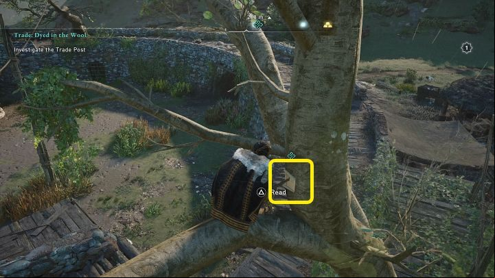 Once you have cleared the trade post, read the note attached to the tree in the location marked in the image above - AC Valhalla Wrath of the Druids: Dyed in the Wool - Side quests - Assassins Creed Valhalla Guide and Walkthrough