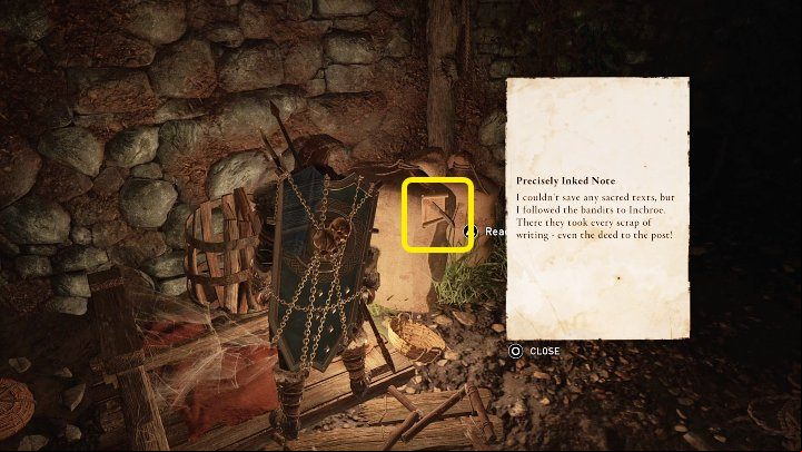 Once you have cleared the trade post, read the note attached to the bag in one of the side rooms in the location marked in the image above - AC Valhalla Wrath of the Druids: Giving Your Words - Side quests - Assassins Creed Valhalla Guide and Walkthrough