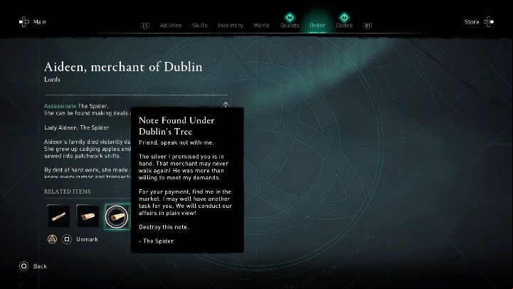 The Spider (Aideen, Merchant of Dublin) does not connect to the story quests - AC Valhalla Wrath of the Druids: Children of Danu - all clues, all , list - Basics - Assassins Creed Valhalla Guide and Walkthrough