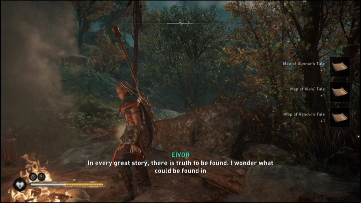 As you sit by the fire, there are 4 dialogue options to choose that summon a different character - AC Valhalla Dawn of Ragnarok: Legendary Hoard - Walkthrough - Assassins Creed Valhalla Guide and Walkthrough