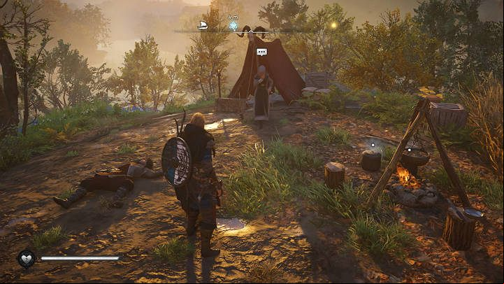 When you reach the camp you have to put the man on the ground and then talk to the woman to finish the task - Assassins Creed Valhalla: A Skalds Lament - Ledecestrescire - Assassins Creed Valhalla Guide and Walkthrough