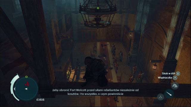 through the room full of soldiers by jumping between the chandeliers - Naval mission - Fort Wolcott | Captain Kidds treasure in AC III Remastered - Captain Kidds treasure - Assassins Creed III Game Guide & Walkthrough