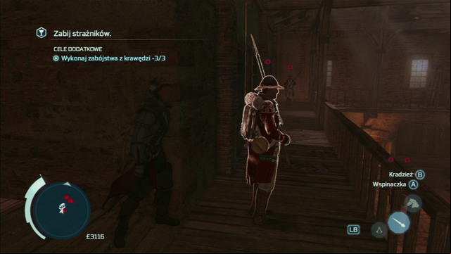 By the next corner, wait for the walking enemy to turn around and quickly kill him and his companion - Naval mission - Fort Wolcott | Captain Kidds treasure in AC III Remastered - Captain Kidds treasure - Assassins Creed III Game Guide & Walkthrough