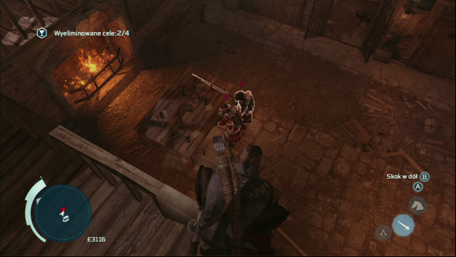 To eliminate the two enemies below, equip the hidden blade, jump onto the balustrade and aim so that both enemies are lit - Naval mission - Fort Wolcott | Captain Kidds treasure in AC III Remastered - Captain Kidds treasure - Assassins Creed III Game Guide & Walkthrough