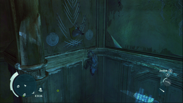 Slowly move in the same direction and jump onto the chandelier to reach the upper floor - Naval mission - The Mad Doctor Castle | Captain Kidds treasure in AC III - Captain Kidds treasure - Assassins Creed III Game Guide & Walkthrough