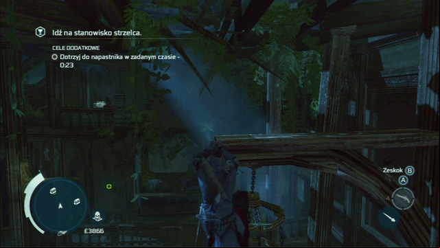 As you climb it to the very top, you will be able to jump left and onto the marked balcony - Naval mission - The Mad Doctor Castle | Captain Kidds treasure in AC III - Captain Kidds treasure - Assassins Creed III Game Guide & Walkthrough