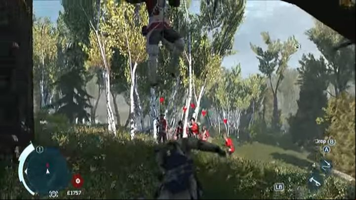Now select your opponent and throw a rope at him, and then press the button responsible for backwards - How to hang people on a tree in Assassins Creed III Remastered? - FAQ - Assassins Creed III Game Guide & Walkthrough