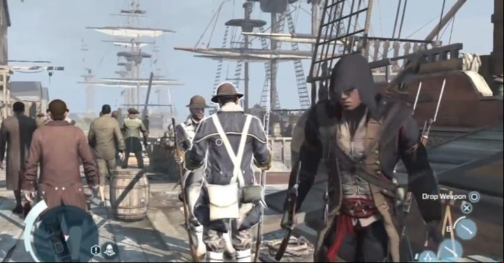 To commit a double musket killing, you first need to locate the two guards who stand in front of each other - How to carry out a double musket killing in Assassins Creed III Remastered? - FAQ - Assassins Creed III Game Guide & Walkthrough