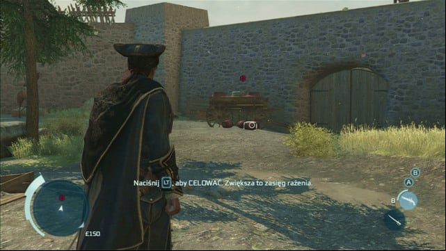 With the area cleared, blow up the nearby gate by shooting the gunpowder barrels on the cart - Sequence 2 - Johnsons Errand | Assassins Creed III Remastered Walkthrough - Walkthrough - Assassins Creed III Game Guide & Walkthrough