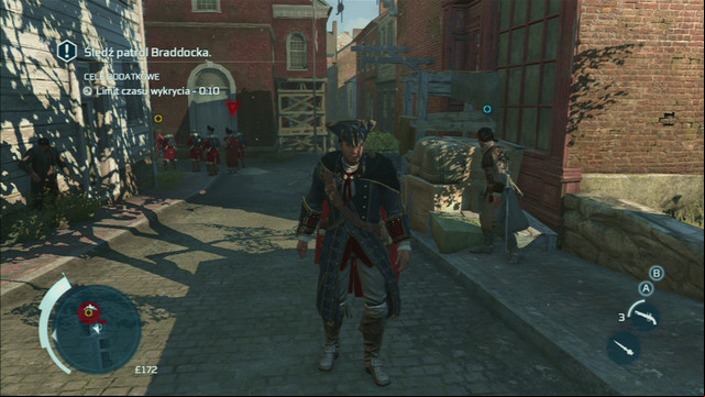 If one of the soldiers notices you, a yellow triangle will appear above his head, eventually changing to red - Sequence 2 - The Soldier | Assassins Creed III Remastered Walkthrough - Walkthrough - Assassins Creed III Game Guide & Walkthrough