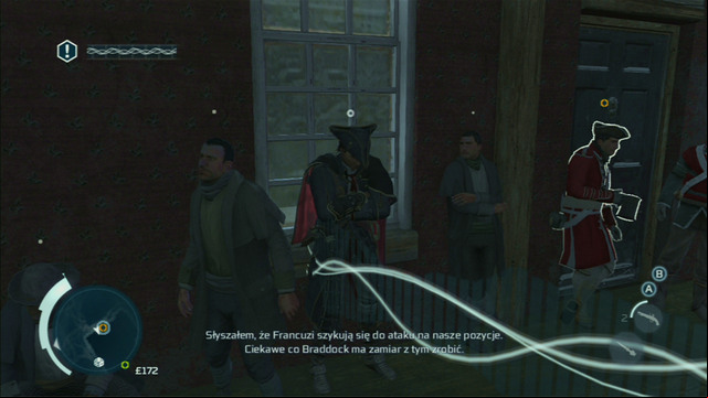 While spying on the men on the right, you should stand by the bar - Sequence 3 - Unconvinced | Assassins Creed III Remastered Walkthrough - Walkthrough - Assassins Creed III Game Guide & Walkthrough