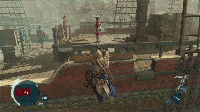 Instead, eliminate the enemy walking nearby the edge and the soldier standing by the end of the ship - Sequence 7 - Conflict Looms | Assassins Creed III Remastered Walkthrough - Walkthrough - Assassins Creed III Game Guide & Walkthrough