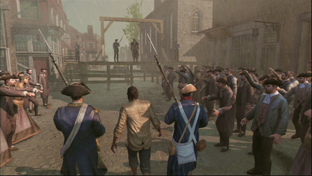 After the cutscene, head forward all the way to the gallows - Sequence 8 - Public Execution | Assassins Creed III Remastered Walkthrough - Walkthrough - Assassins Creed III Game Guide & Walkthrough