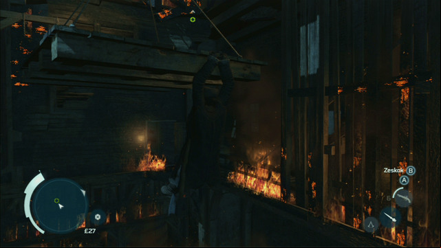 That way you will reach a platform hanging from the ceiling - Sequence 9 - The Foam and The Flames | Assassins Creed III Walkthrough - Walkthrough - Assassins Creed III Game Guide & Walkthrough