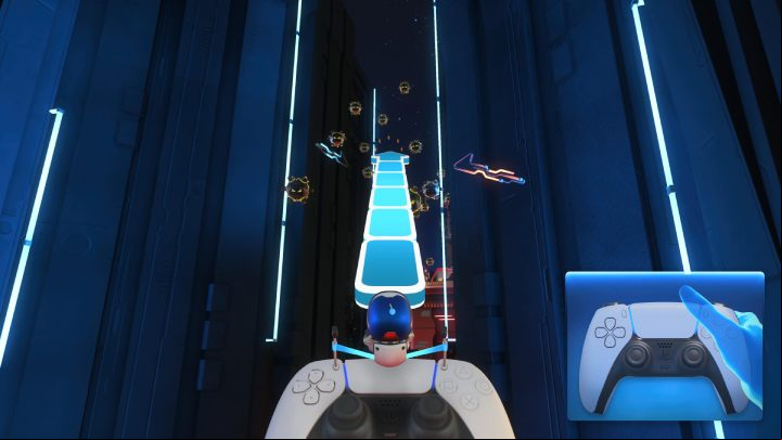 Shoot yourself in the direction of the circle with coins, then collect all the coins that form a triangle - Astros Playroom: Turbo Trial - walkthrough - SSD Highway - Astros Playroom Guide