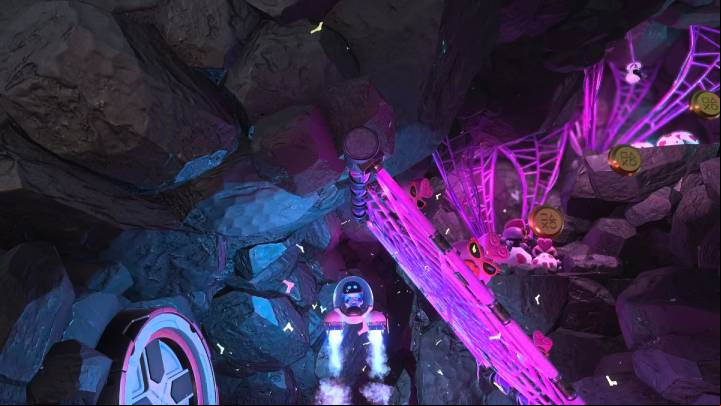 Shoot up straight upwards to break through the pink cobwebs - Astros Playroom: Caching Caves - walkthrough - SSD Highway - Astros Playroom Guide