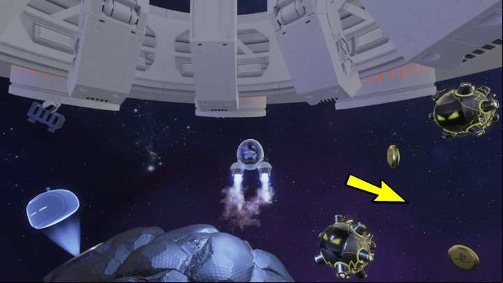 Fly out of the asteroid and follow the trail of coins, being careful not to get too close to the electric bombs - Astros Playroom: Orbital Obstacles - walkthrough - SSD Highway - Astros Playroom Guide