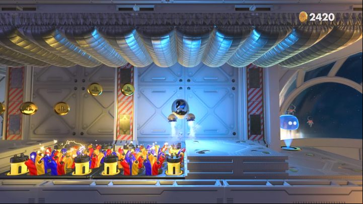 After the checkpoint, follow the tunnel to the left, being careful not to bounce off the silver pillows on the ceiling - Astros Playroom: Orbital Obstacles - walkthrough - SSD Highway - Astros Playroom Guide