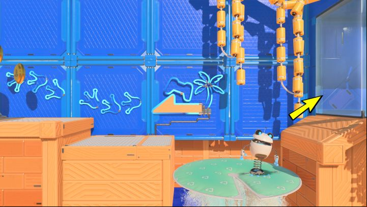Follow the lilypads which float on the water to the right, the last lilypad will lift you up - Astros Playroom: Springy Spa - walkthrough - Cooling sources - Astros Playroom Guide