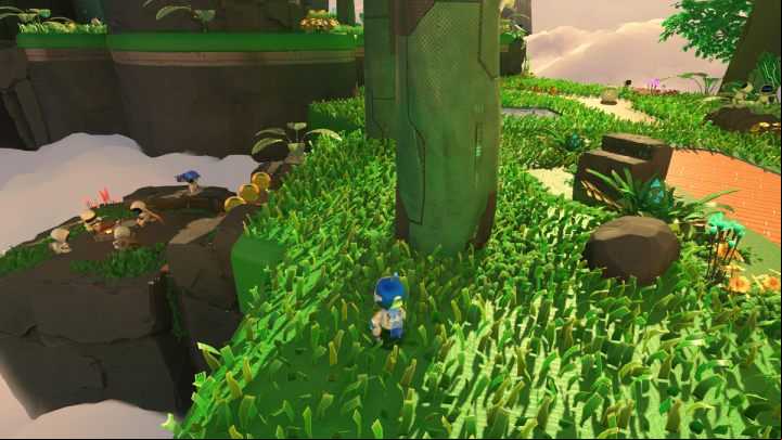 When you go down onto the rock, you will find 3 coins on the left side of the area - Astros Playroom: Renderforest - walkthrough - GPU Jungle - Astros Playroom Guide