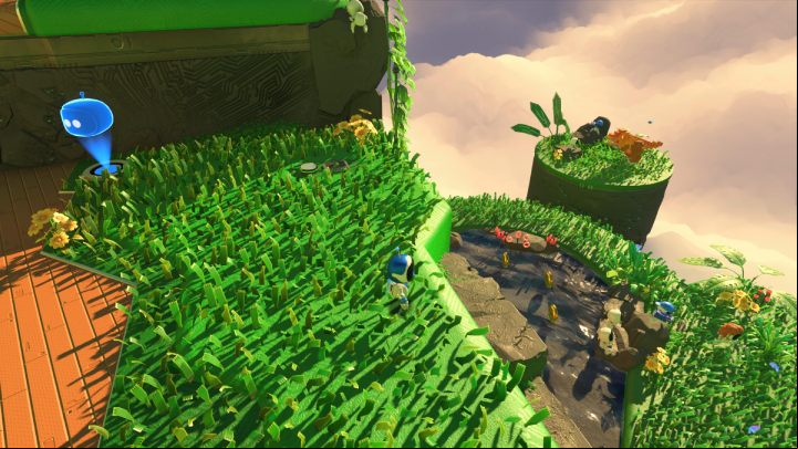 At the checkpoint, jump down to a small island and collect coins - Astros Playroom: Renderforest - walkthrough - GPU Jungle - Astros Playroom Guide