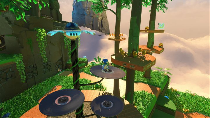 Jump across the platforms to the next tree, killing enemies along the way and take the 1st puzzle piece - Astros Playroom: Renderforest - walkthrough - GPU Jungle - Astros Playroom Guide