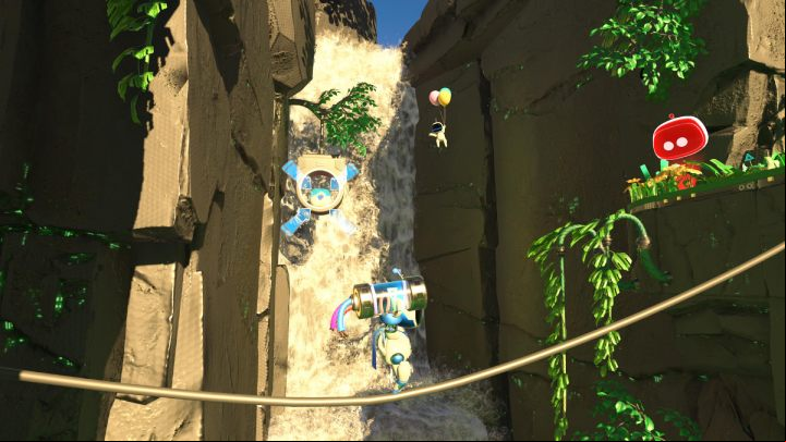 Before you go to the other side, shoot down the coin container and the bot floating by the waterfall - Astros Playroom: Renderforest - walkthrough - GPU Jungle - Astros Playroom Guide
